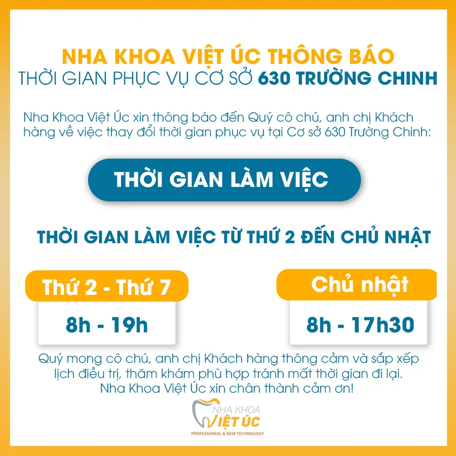 THỜI GIAN LÀM VIỆC CỦA NHA KHOA VIỆT ÚC TẠI 106 Yên Hoa, Yên Phụ, Tây Hồ, Hà Nội